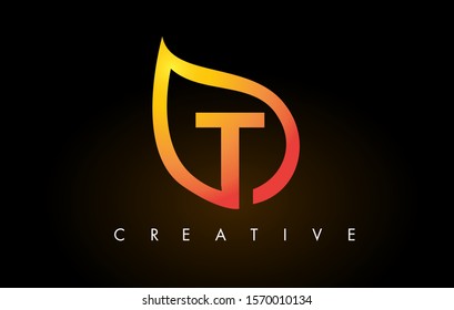 T Leaf Logo Letter Design with Golden Leaf Outline Vector Illustration.