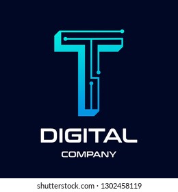 The T letter 3 dimensions or 3D with dot and technology symbol on dark blue background in the style of modern. This logo is suitable for industrial, mechanical, connection, business and automotive.