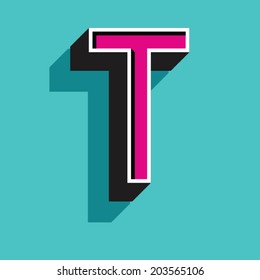 T letter of 3d vector illustrated relief retro font with shadow