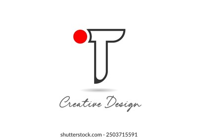 T letter alphabet logo icon design with black line color and red dot circle for business and company