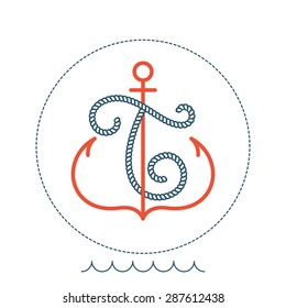 T letter with an anchor and rope vector vintage label, logo, icon design template element. This badge can be used as trademark or a print on fabric.