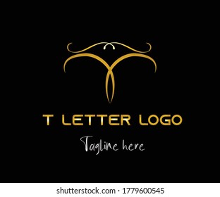 T letter based golden color vector logo with dummy text on dark background for construction or consulting business.