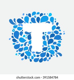 T letter in a circle of splashes and drops of water. Font style, vector design template elements for your ecology application or corporate identity.