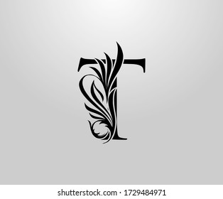 T Letter Classic Heraldic logo. Graceful Floral Alphabet Mark for book design, letter stamp, weeding card, brand name, business card, Restaurant, Boutique, Hotel. 