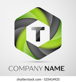 T Letter colorful logo in the hexagonal on grey background. Vector template for your design
