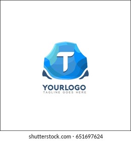 T letter creative blue sapphire identity. Gems, Jewelry, fashion industries logo design. Broken triangle explode or form to be diamond shape logo. 