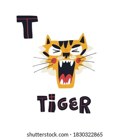 T letter and cute funny little roaring tiger muzzle with open mouth. Vector hand-drawn isolated illustration for kids clothes print, card, banner, alphabet and other design.