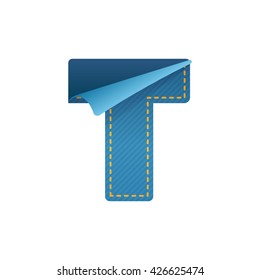 T letter of denim with folded corner. 