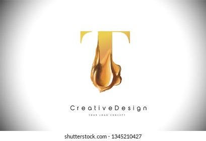 T Letter Design Brush Paint Stroke. Gold t Letter Logo Icon with Golden Paintbrush Vector Illustration