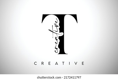 T Letter Design with Creative Cut and Serif Font in Black and White Colors Vector Illustration.