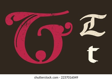 T letter drop cap logo. Illuminated initial and blackletter uppercase and lowercase. All you need to precisely imitate medieval text. Decorative element for the beginning of a paragraph or section.