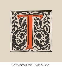 Logo de la tapa de caída de letra T en estilo de grabado medieval. Plaza de letra negra inicial. Emblema iluminado de la edad oscura con follaje y tulipanes exuberantes. Perfecto para la identidad vintage, afiches góticos, embalaje de lujo