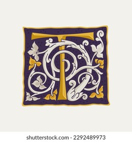 Logo de la tapa de caída de letra T. Incidencia medieval cuadrada con textura dorada y vid blanca. emblema de caligrafía renacentista. Elementos premium vectoriales para identidad de lujo, paquete vintage, carta grabada, etc.