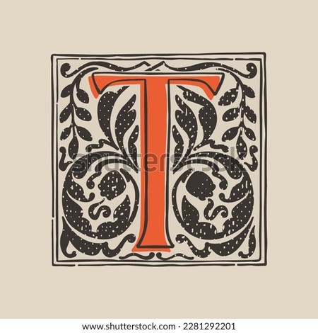 T letter drop cap logo in medieval engraving style. Blackletter square initial. Illuminated dark-age emblem with lush foliage and tulips. Perfect for vintage identity, gothic posters, luxury packaging