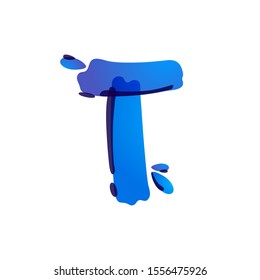 T letter eco logo with blue water drops handwritten with a felt-tip pen. Vector marker font can be used for eco friendly, vegan, bio, raw, organic template.