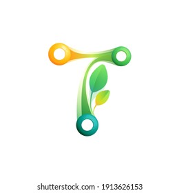 T letter eco logo with colorful spheres or dots and connecting lines. Vector green icon perfect to use in any agriculture labels, science posters, spring identity, etc.