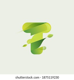 T letter eco logo with green diagonal stripes, leaves and waves. Vector font perfect to use in agriculture labels, herbal cards, nature posters, vegan identity, etc.