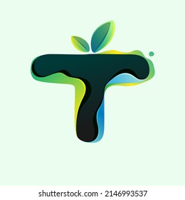T letter eco logo with green leaves in hologram glitch style. Environment friendly icon with color shift and illusion effect. Vector element for waste recycling identity, natural theme presentation.