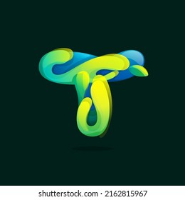 T letter eco logo made of green and blue splashes, pure water waves and dew drops with fresh leaves. Wildlife rescue icon with glow and gradients. Perfect for agriculture art, healthy food packaging.