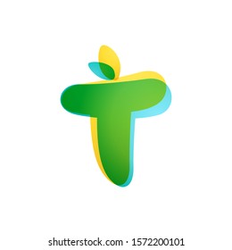 T letter eco logo. Overlapping gradient font with green leaves. Vector green template can be used for eco, vegan, bio, raw, organic.
