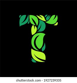 T letter ecology logo from a green leaves. Font style, vector design template elements for your application or corporate identity. - Vector