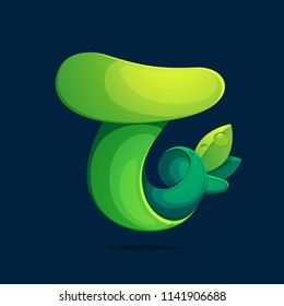 T letter ecology logo from a twisted green leaves. Font style, vector design template elements for your application or corporate identity.