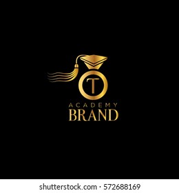 T letter education hat vector logo design template. Graduation cap golden sign (symbol, design element)
