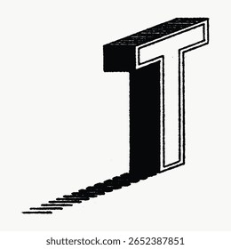 T letter, Egyptian style calligraphy font, vintage illustration isolated on white, vector. Creative font and typography letter, isolated vector. Vintage black font.