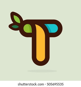 T letter flat style logo with green leaves. Vector elements for ecology posters, t-shirts and cards.