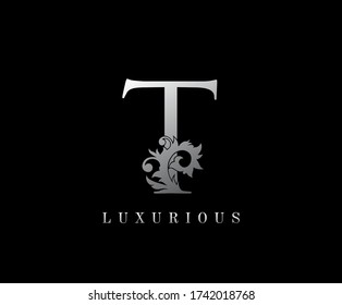 T Letter Floral logo. Vintage silver majestic letter stamp for book design, weeding card, label, business card, Restaurant, Boutique, Hotel. 