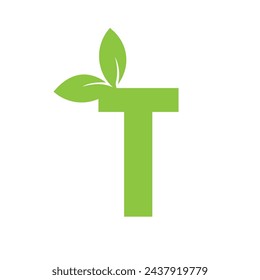 t letter font logo flat with leaf vector logo template, Leaf Logo.