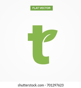 t letter font logo flat with leaf vector logo template