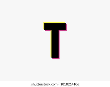 Letra T, alfabeto de diseño vectorial. Dinámico, de dos colores, sombra del número rosa y amarillo sobre fondo blanco. Para logo, medios sociales, elementos de diseño, afiches creativos, etc.