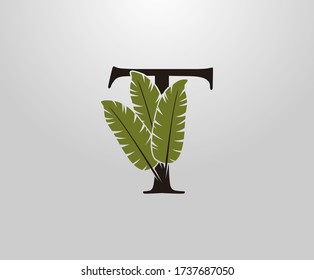 T Letter With Green Banana Leaf, Tropical Alphabet Sign Design Concept.