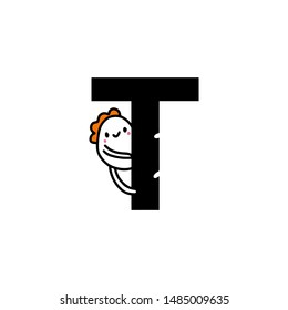 T letter hand drawn cartoon illustration with cute cartoon comic man smiling kawaii