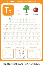 T letter handwriting practice worksheet. Alphabet letter tracing worksheet for kids with games and bright illustrations. Learning alphabet activity page. Printable template.	