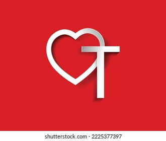t letter with a heart on red background for lovers and friends