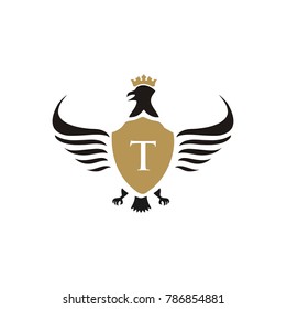 T letter heraldic logo vector illustration with wings gold color 