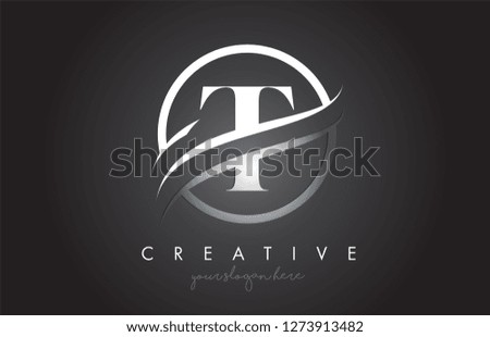 T Letter Icon Logo Design with Circle Steel Swoosh Border and Metal Texture. Creative T Design Vector Illustration.