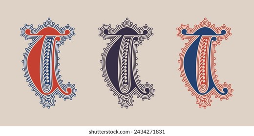 T letter illuminated gothic monogram with naturalistic flowers ornament. German drop cap. Dark age decorative logo. Classic medieval red and blue Latin initials font based on XIV century manuscript.