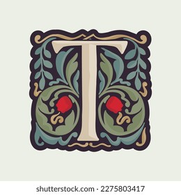 T letter illuminated initial with curve leaf ornament and tulips. Medieval dim colored fancy drop cap logo. Gothic heraldry blackletter dark-age emblem. Perfect for luxury calligraphy with pattern.