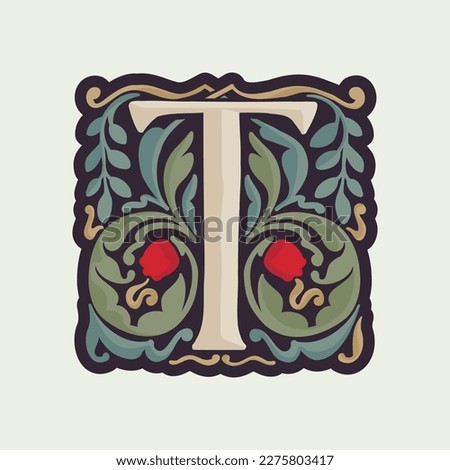 T letter illuminated initial with curve leaf ornament and tulips. Medieval dim colored fancy drop cap logo. Gothic heraldry blackletter dark-age emblem. Perfect for luxury calligraphy with pattern.