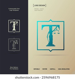 T letter Law firm logo. scale of justice icon. Corporate lawyer symbol. Gradient Luxury Modern attorney business sign. Legal advocate emblem. Vector illustration.