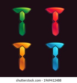 T letter logo in alarm clock style. Digital font in four color schemes for futuristic company identity, nightlife magazine, expressive posters.