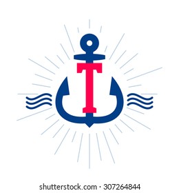 T letter logo. Anchor and rope vector vintage label, logo, icon design template element. This badge can be used as trademark or a print on fabric.