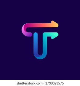 T letter logo with arrows. Vector bright gradient font for sport labels, bets headlines, multimedia posters, business cards etc.