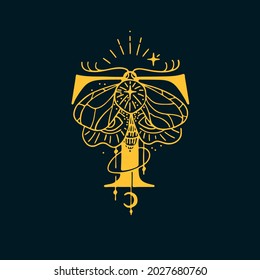 T letter logo in the astrological style. Hand drawn monogram for magic postcards, medieval style posters, esoteric advertise, luxury ornate T-shirts.