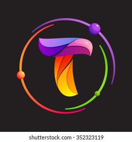 T letter logo with atomic or space orbits. Abstract trendy multicolored vector design template elements for your application or corporate identity.