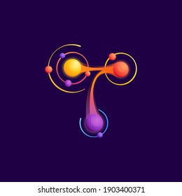 T letter logo with atoms orbits. Vector vivid icon perfect to use in any science labels, technology posters, astronomy identity, etc.