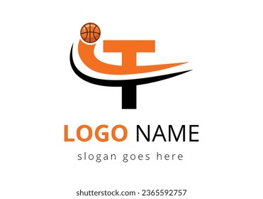 T Letter Logo With Basketball Ball. Sports Symbol Vector Template Design